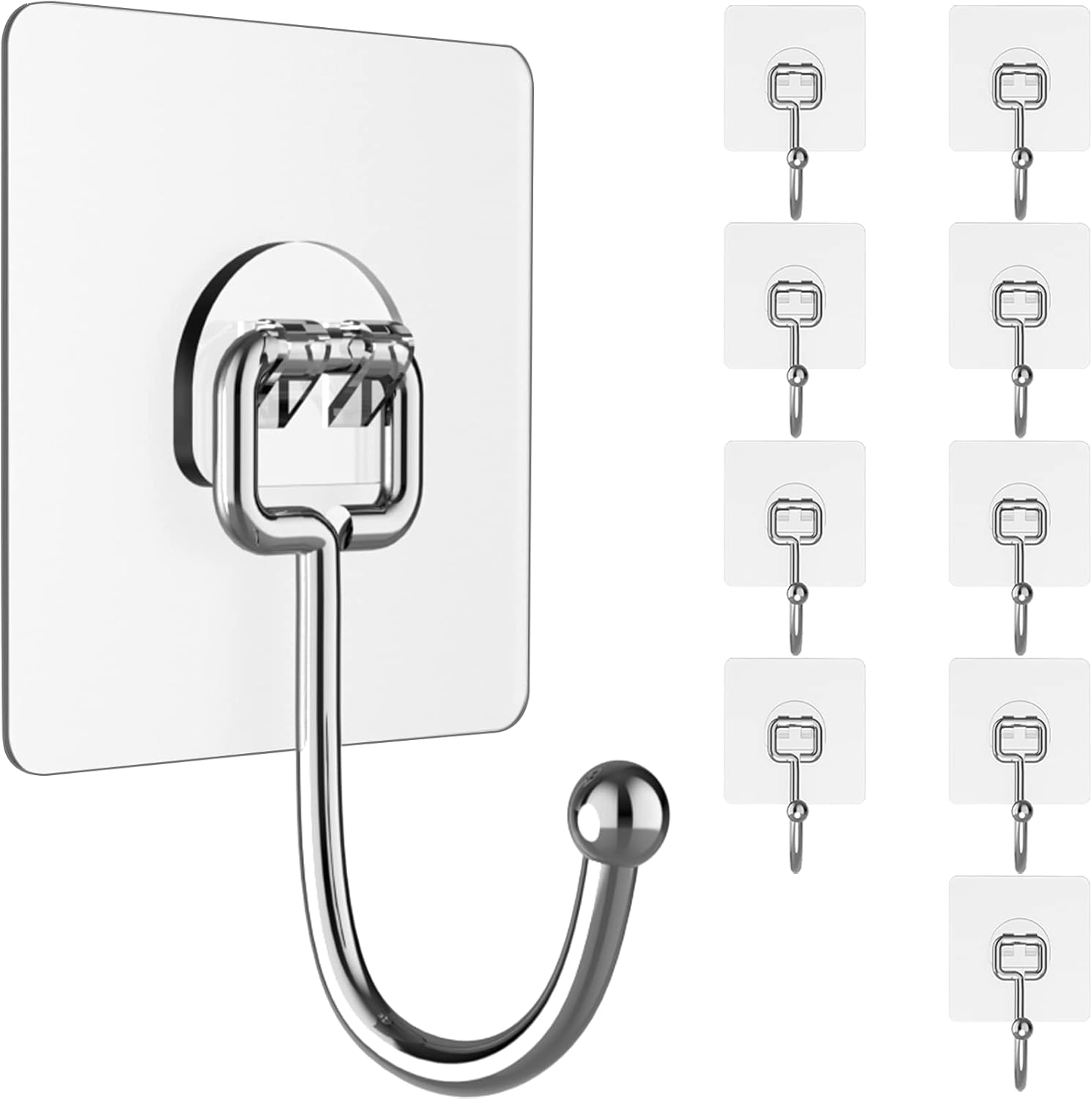 Large Hooks for Hanging Heavy-Duty 44lb(Max) 10 Packs, Wall Hangers without Nails Self-Adhesive Traceless Clear and Removable, Waterproof and Rustproof Multiple Uses for Bathroom Kitchen Home